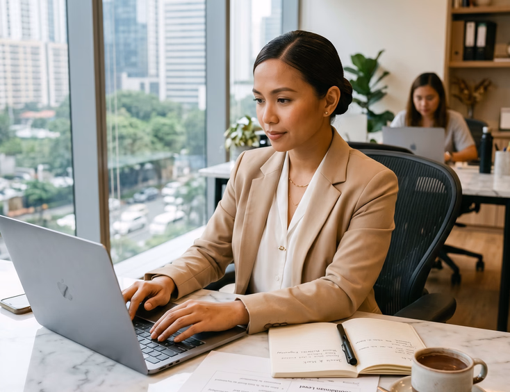 Filipino wedding coordinator drafting clarifying questions for a couple's inquiry on a laptop in her Makati office.