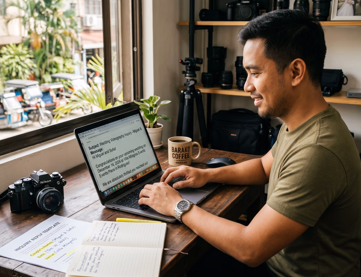 Filipino wedding videographer customizing a templated inquiry response on a laptop in his Marikina studio.