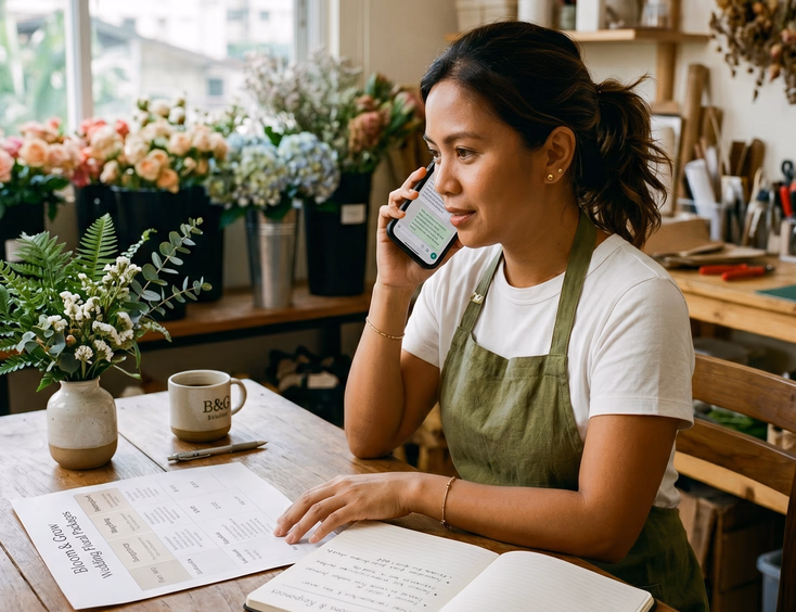 Filipino wedding florist responding to a client's pricing inquiry on her smartphone in a Pasig studio.