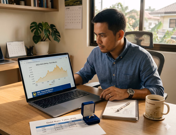 A Filipino man in his early 30s sits at a desk in a modern home office, leaning toward a laptop screen displaying a gold price chart with a visible upward and downward price curve. A printed gold rate table, a small open ring box with a plain gold band, a notepad with handwritten figures, and a cup of coffee are arranged on the desk beside the laptop. A BSP financial page is partially visible in a second browser tab behind the chart.