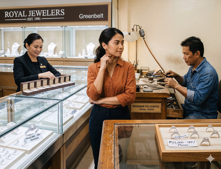 A Filipino woman in her late 20s stands between two contrasting Philippine jewelry retail environments, looking calmly between both sides. On the left, a polished mall jewelry store with a uniformed sales associate and premium packaging displays a high-priced ring. On the right, a modest independent jeweler's workshop in Manila shows a Filipino jeweler at his workbench with a display tray of comparable rings at noticeably lower handwritten prices.