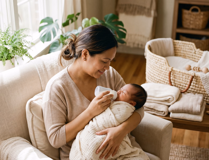 A gentle Filipino mother feeds her swaddled newborn baby in a warm, sunlit room with cozy baskets and neutral photo props nearby.