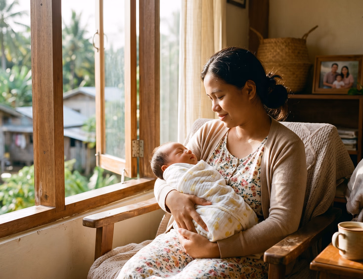 A loving Filipino mother cradles her sleepy newborn baby beside a bright bedroom window filled with warm, golden morning daylight.