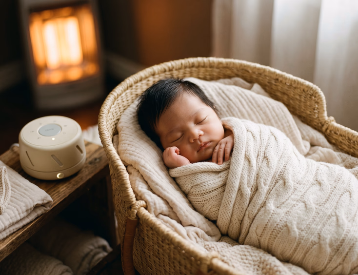 A cute Filipino newborn sleeps deeply on soft blankets in a warm photography studio with a white noise machine playing in the room.