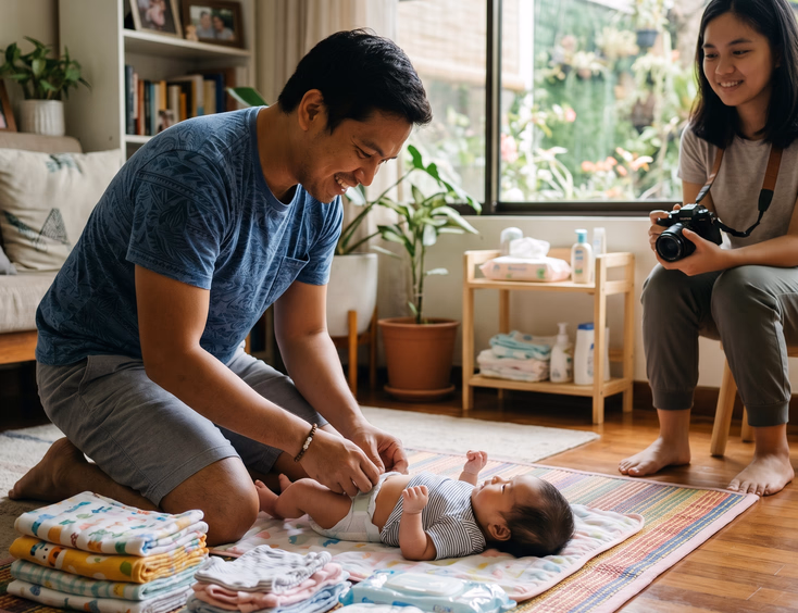 A caring Filipino father changes his newborn baby's diaper on a soft mat during a relaxed photography photoshoot with stacked props.