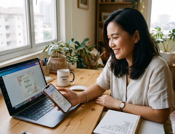 A Filipino woman in her late 20s sits at a desk holding a phone showing a Viber chat with a digital wedding invitation, with a laptop open to the same design in Canva and a handwritten guest list nearby in warm natural window light.