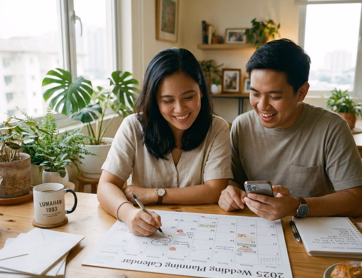 A Filipino couple in their late 20s sits at a dining table with a printed wedding planning calendar between them, the woman marking invitation send dates with a pen while the man holds a phone showing a digital invitation ready to send in warm natural light.