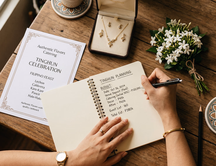 Close-up flat lay of a Filipino tinghun planning spread on a wooden table featuring a handwritten budget notepad, gold jewelry set, catering menu, and sampaguita flowers with a woman's hands holding a pen