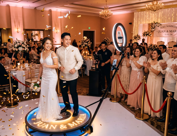 Filipino wedding couple in barong tagalog and white gown posing on a glowing 360 photo booth platform with confetti and guests watching behind a velvet rope at a ballroom reception