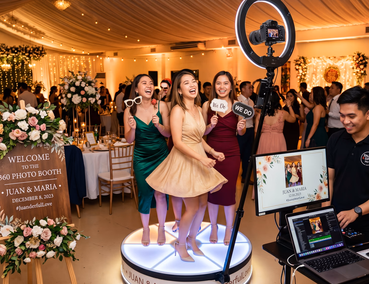 Three Filipino women in cocktail dresses laughing on a 360 photo booth platform with a rotating DSLR camera arm, preview monitor, and attendant managing booth controls at a wedding reception