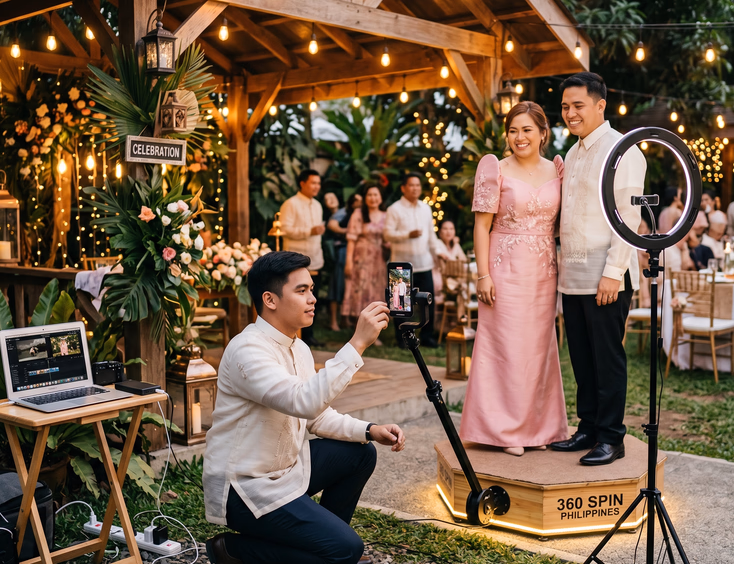 Filipino man in barong tagalog setting up a compact DIY 360 spinning platform with smartphone mount and ring light at an intimate garden pavilion wedding reception