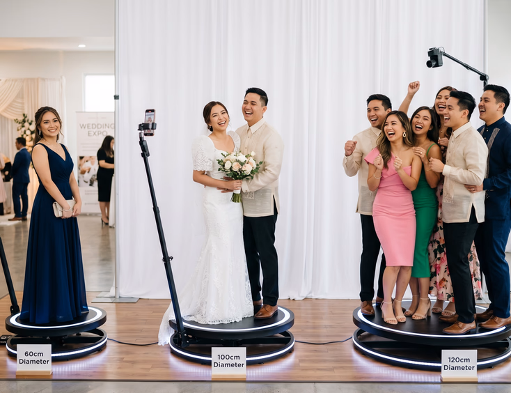 Three 360 booth platforms of different sizes displayed at a Filipino wedding venue showroom with solo guest, couple, and group of five posing side by side under studio lighting