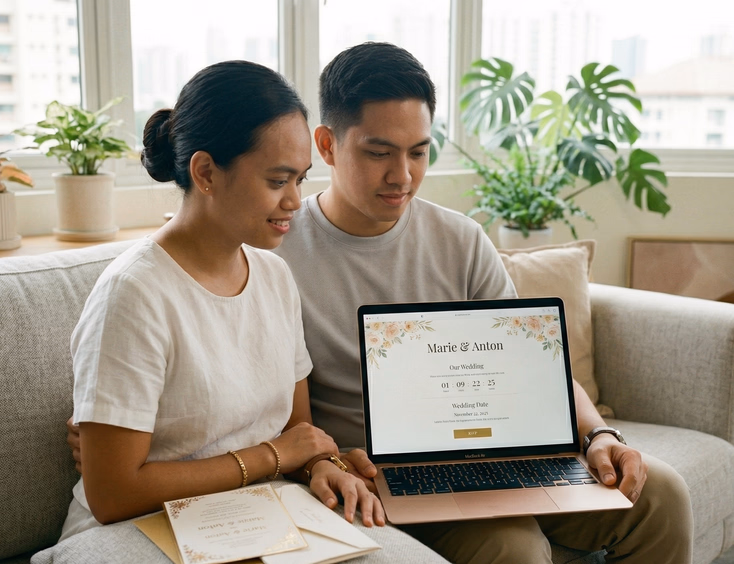A Filipino couple in their late 20s sits together on a light gray sofa sharing an open laptop displaying a clean wedding website homepage with their names, wedding date, and floral header, with a printed wedding invitation suite beside them in warm natural daylight.