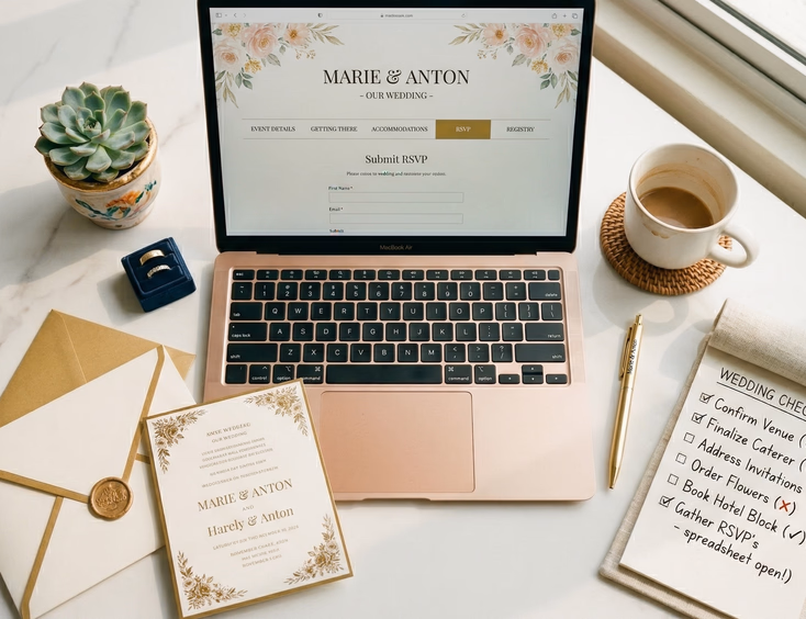 An overhead flat lay on a white marble surface shows an open laptop displaying a wedding website with sections for Event Details, Getting There, Accommodations, and RSVP, surrounded by a printed invitation card, a small succulent, a cup of coffee on a woven rattan coaster, a pen, and a handwritten checklist in warm natural side lighting.