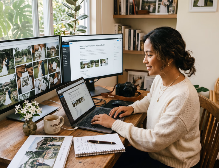Filipino wedding photographer in her Quezon City home studio creating a real wedding blog post on her laptop.