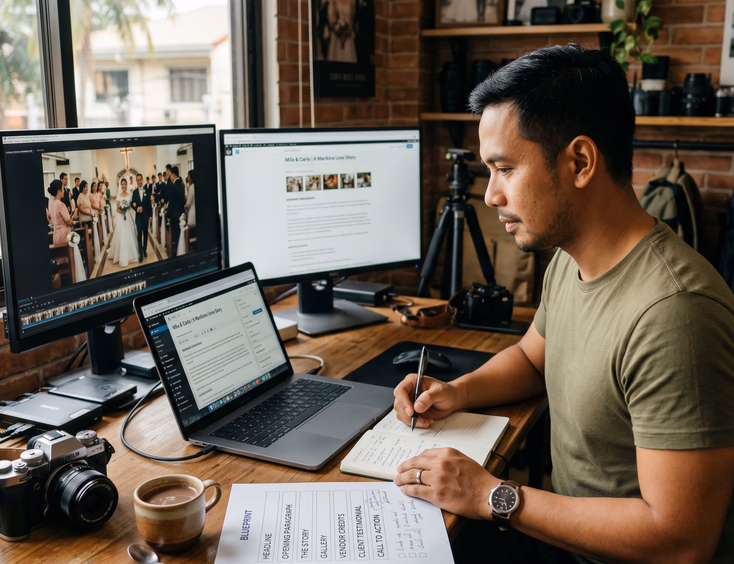 Filipino wedding videographer in his Marikina studio structuring a wedding blog post layout using a printed blueprint.