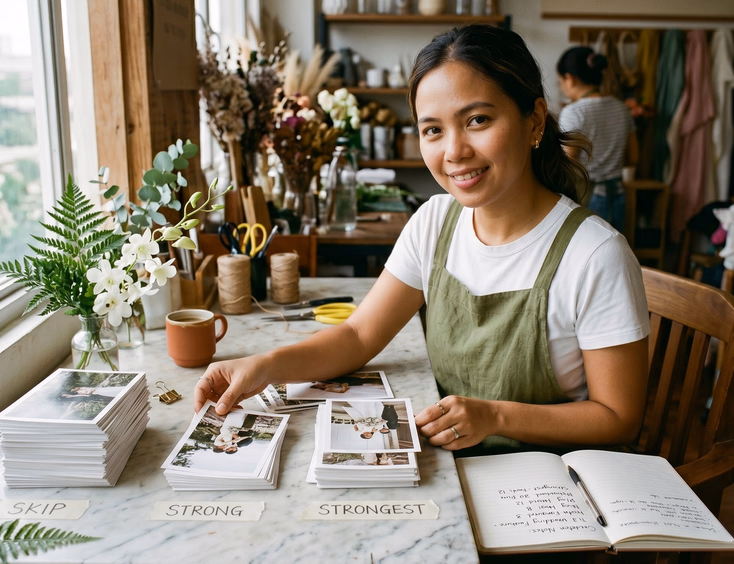 Filipino wedding florist in her Pasig studio curating and sorting printed wedding photos into piles on her worktable.