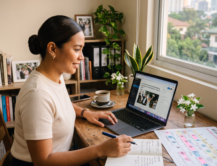 Filipino wedding coordinator in her Makati office republishing a one-year anniversary wedding feature on her laptop.