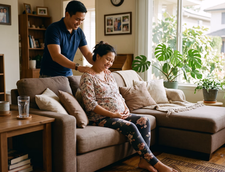 A young Filipino husband gives his smiling pregnant wife a gentle shoulder massage as they relax together in their sunlit modern living room.