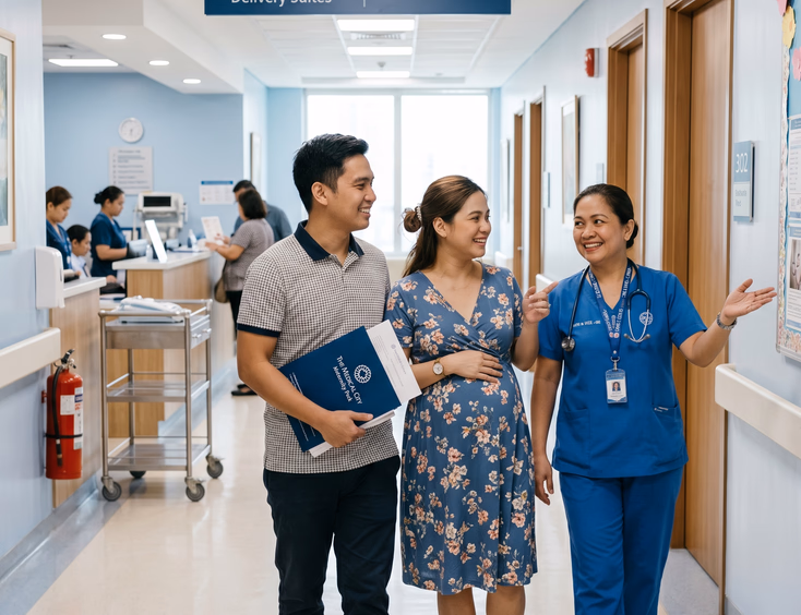 A Filipino expectant couple tours a clean maternity ward with a nurse, the husband holding a folder while the wife looks around with interest.