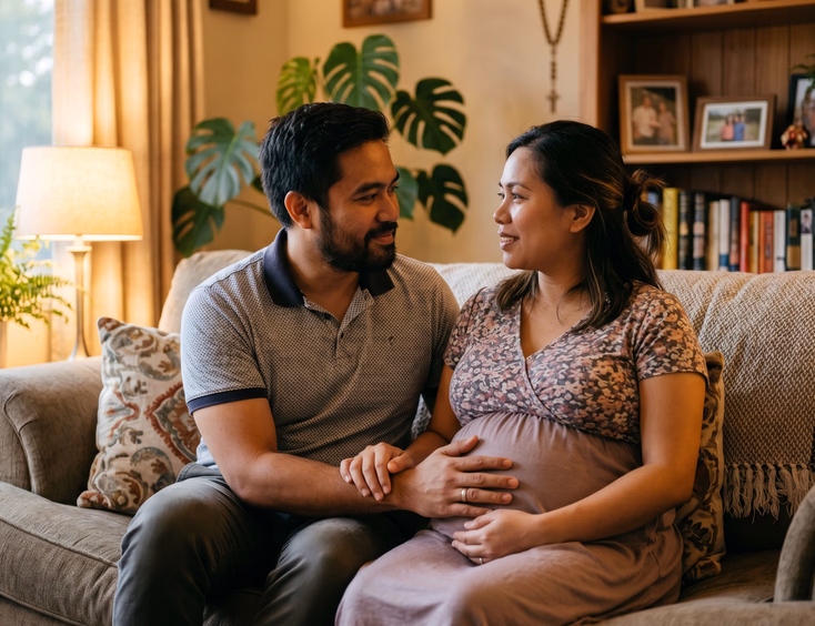 A caring Filipino husband holds his pregnant wife's hand and listens intently as they sit on a cozy sofa in warm evening light at home.
