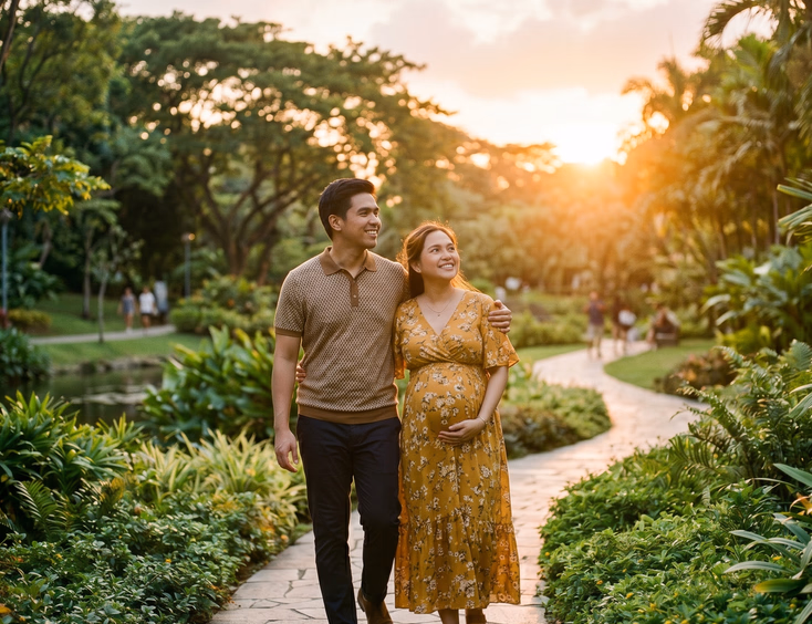 A hopeful Filipino couple walks together through a lush park during golden hour, with the husband holding his pregnant wife close.