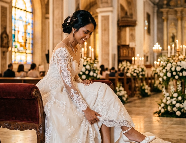 Filipino bride in ivory lace gown seated on a velvet bench inside an ornate Manila cathedral, revealing satin block heels in warm golden hour light streaming through stained-glass windows