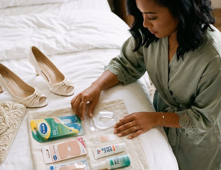 Filipino maid of honor in sage green silk robe arranging a bridal foot survival kit beside ivory satin wedding heels on a hotel bed in soft morning light