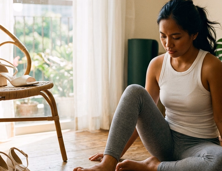 Filipino woman rolling a tennis ball under her foot on a sunlit Manila condo floor beside a rattan chair holding ivory wedding heels, surrounded by a yoga mat and indoor plants