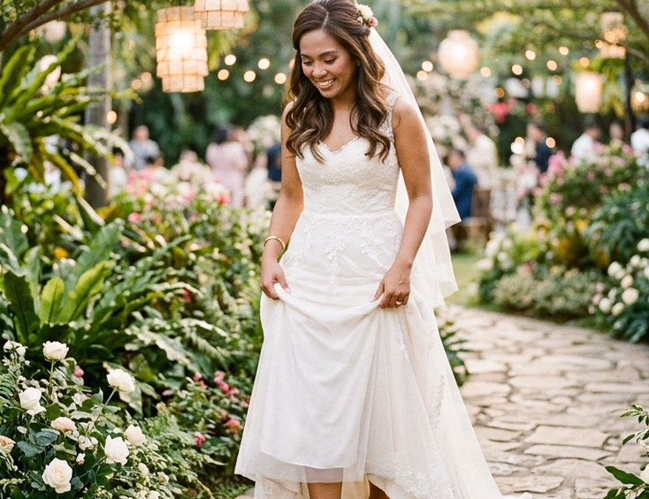 Filipino bride lifting her ivory wedding gown to reveal hand-beaded Marikina ballet flats on a garden path lined with white roses, ferns, and pink bougainvillea under golden afternoon light