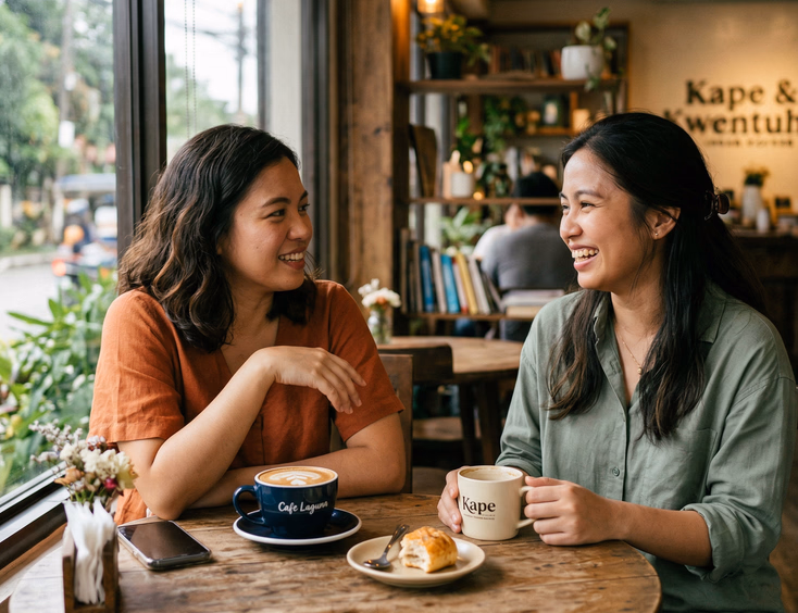 Two Filipino women having an honest conversation over coffee at a cozy cafe with soft natural window light and a warm relaxed mood
