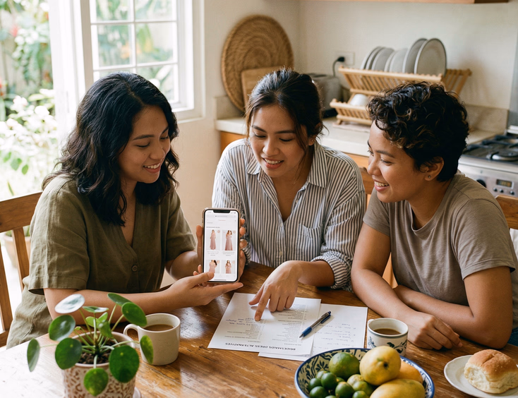 Three Filipino women gathered around a kitchen table looking at dress options on a phone and a printed list in bright natural daylight