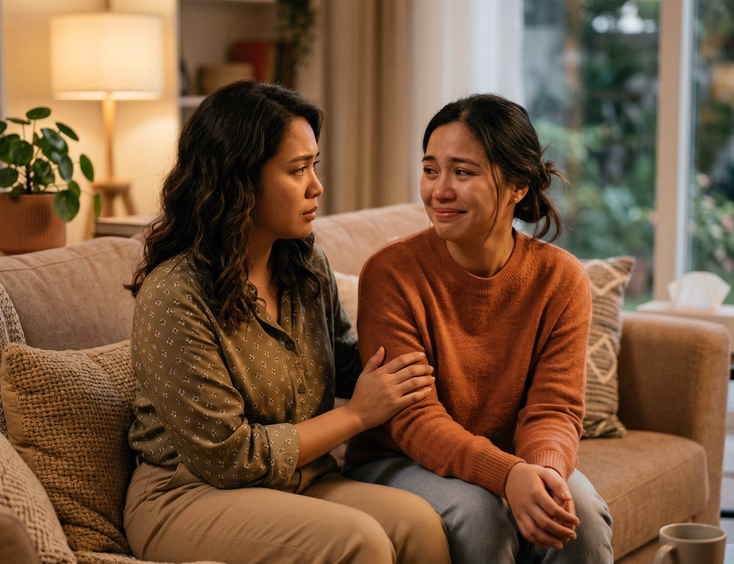 Two Filipino women sitting together on a couch sharing a sincere and supportive moment in a warm softly lit home living room