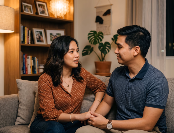 A young Filipino couple sits closely on a couch, holding hands and making eye contact during a calm, heartfelt conversation in a modern home.