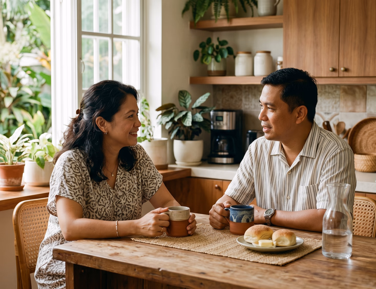 A Filipino couple shares a quiet conversation over coffee in a peaceful modern home kitchen illuminated by soft morning light.