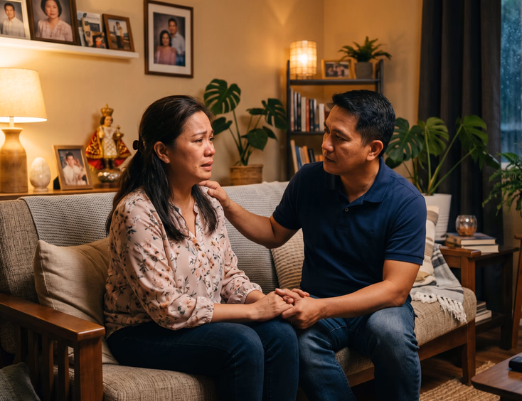 A Filipino couple shares a tender, empathetic moment in a cozy living room, with one partner listening attentively and reassuring the other.