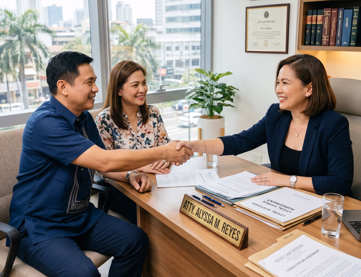 A Filipino couple sits united as they confidently shake hands with a lawyer across a desk in a bright professional office with documents.