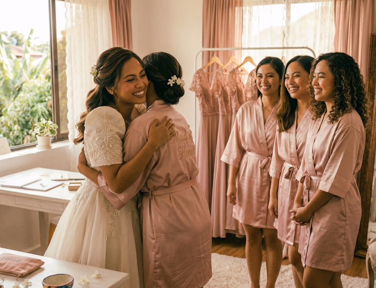 Filipino bride with warm brown skin embracing a bridesmaid while three other bridesmaids in matching satin robes smile in a sunlit bridal preparation room with ivory and dusty rose tones