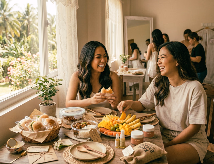 Two Filipino bridesmaids laughing and eating Filipino food including pandesal sandwiches and fruit during a break in a bright bridal prep room in a candid and relaxed atmosphere