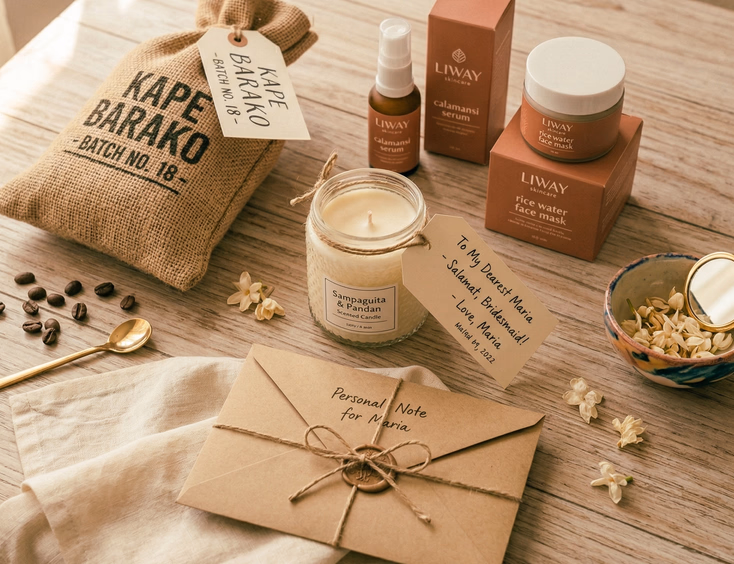 Flat lay of practical Filipino bridesmaid gifts on a light wooden surface including a local coffee bag, Filipino skincare set, scented candle with handwritten tag, and a kraft envelope with personal note in warm cream and terracotta tones