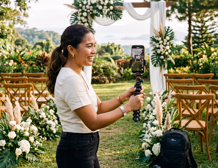 Filipino wedding photographer filming a TikTok video at a garden venue in Tagaytay.