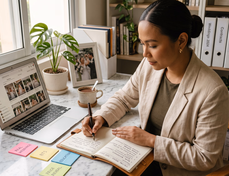 Filipino wedding coordinator brainstorming TikTok content ideas in her Quezon City home office.