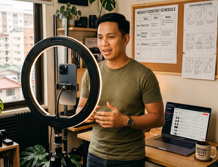 Filipino wedding videographer filming TikTok clips using a ring light tripod in his Mandaluyong home studio.