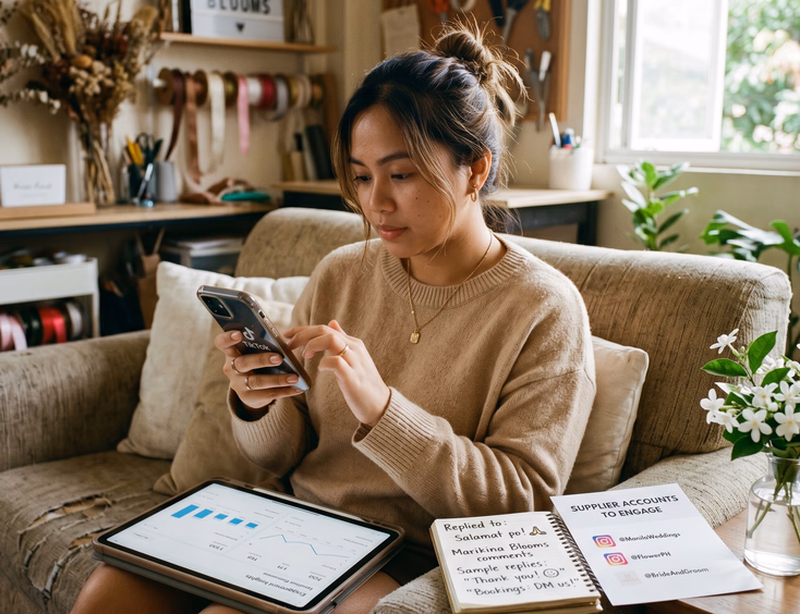 Filipino wedding florist replying to TikTok comments on her smartphone in a Marikina studio.