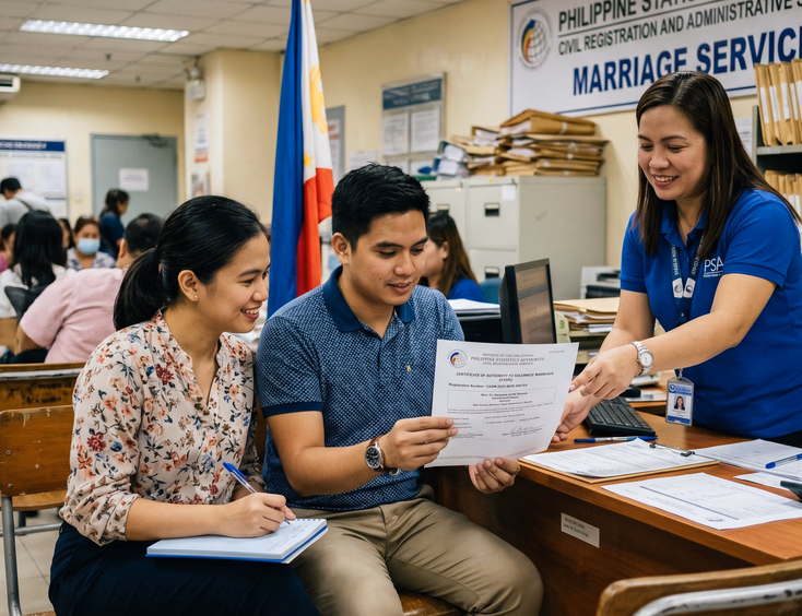 Filipino couple reviewing a Certificate of Authority to Solemnize Marriage at a PSA office.