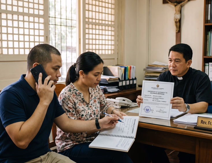 Filipino couple verifying a priest's Certificate of Authority to Solemnize Marriage in a parish office.