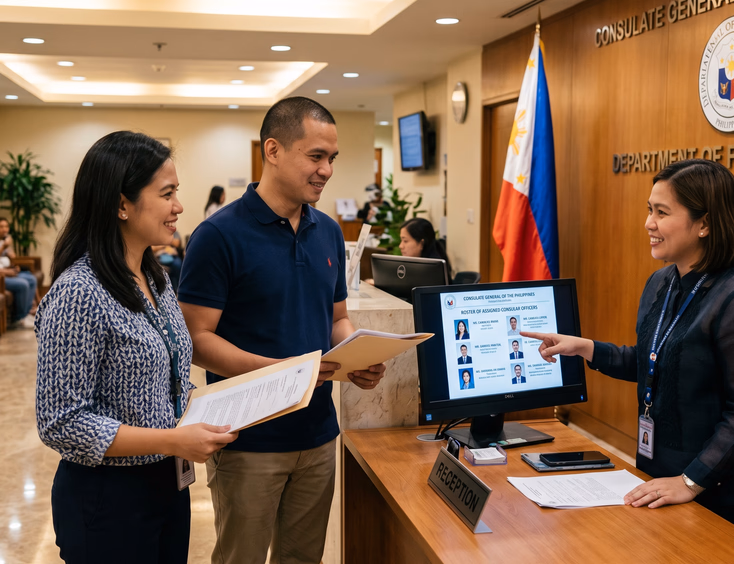 Filipino couple checking the roster of authorized consular officers at a Philippine consulate abroad.