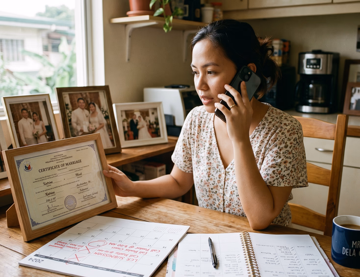 Filipino bride calling her officiant to follow up on the marriage certificate and LCR deadline.