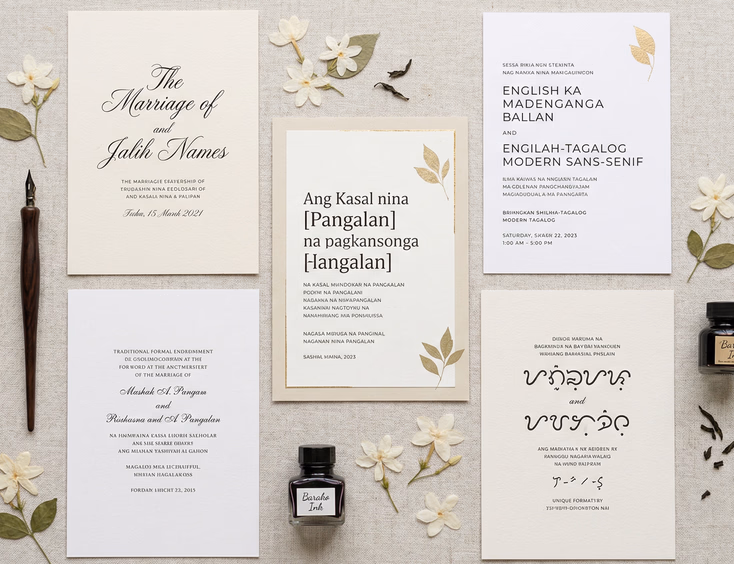 A flat lay of several Filipino wedding invitation cards arranged side by side on a light linen surface, each showing different wording and typography styles, surrounded by a calligraphy pen, a small ink bottle, and pressed white sampaguita flowers in soft natural daylight.
