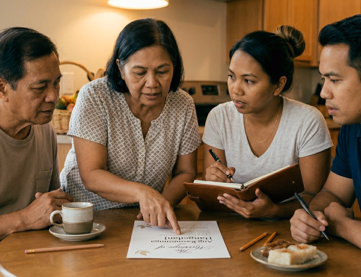 A Filipino couple in their early 60s and a younger couple in their early 30s sit together at a round dining table reviewing a printed wedding invitation draft, the older woman pointing at the host line text while the younger woman listens and takes notes in a planner.